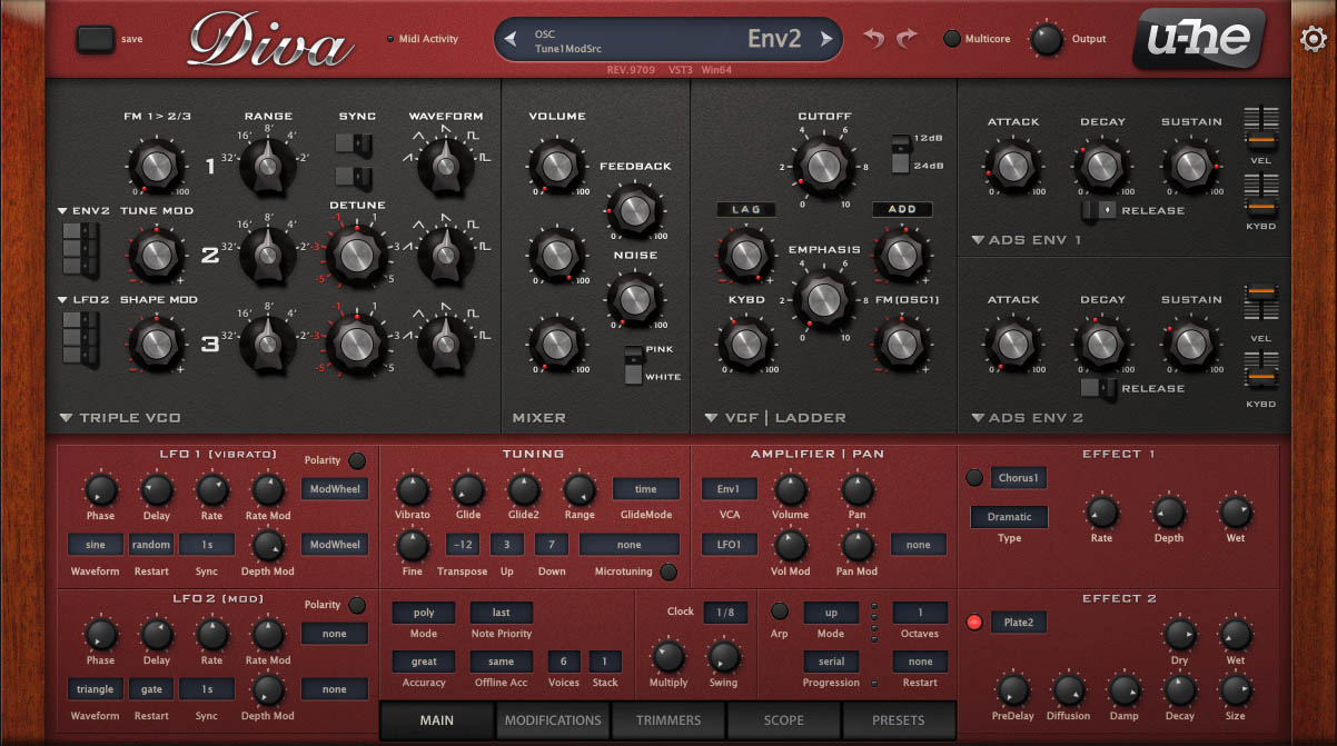 Screenshot of the VST synth Diva from U-HE