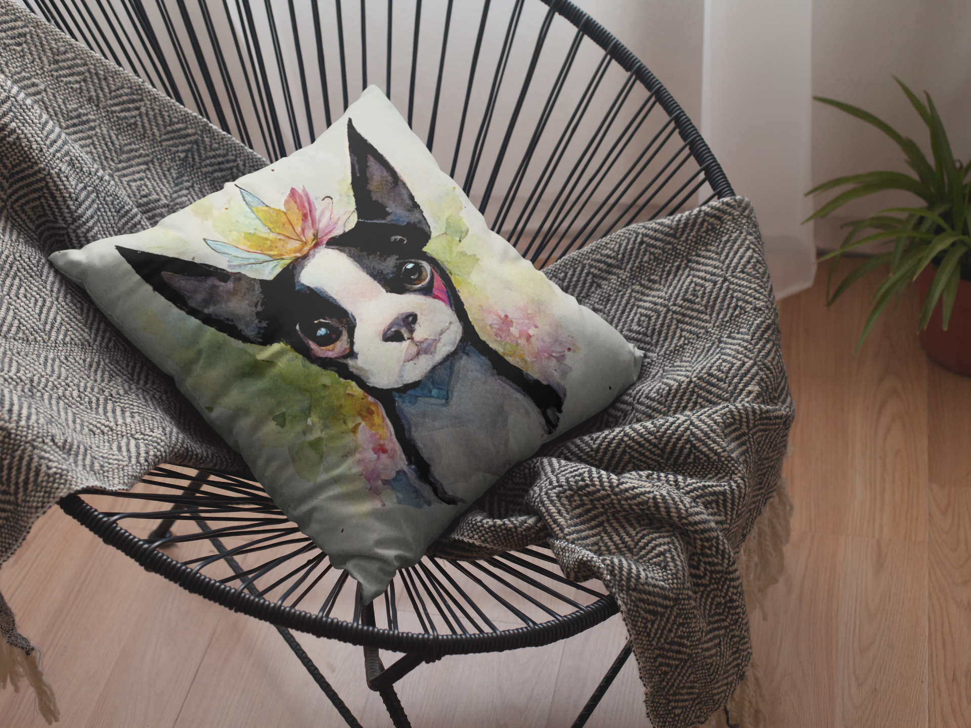 Decorative pillow case with two distinct Boston Terrier designs.