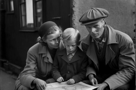 A Jewish family is shown hiding and waiting for further instructions as they are guided to safety in Sweden to escape deportation. Photo created using Midjourney.