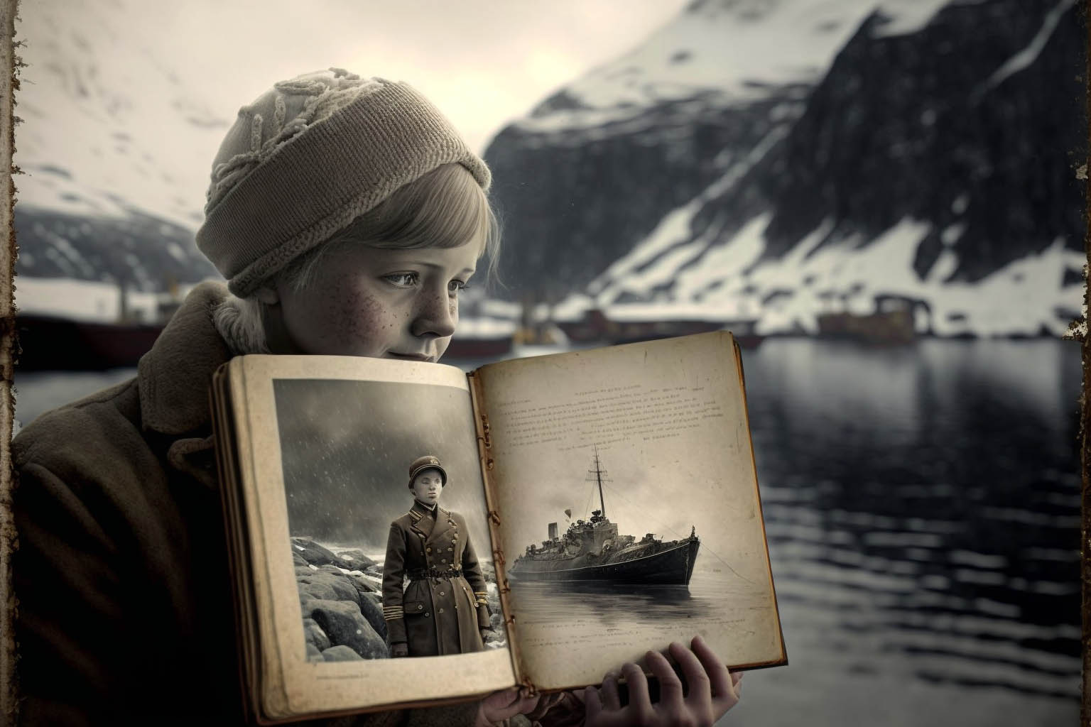 A young boy is holding a book featuring an image of a tug boat and its captain.