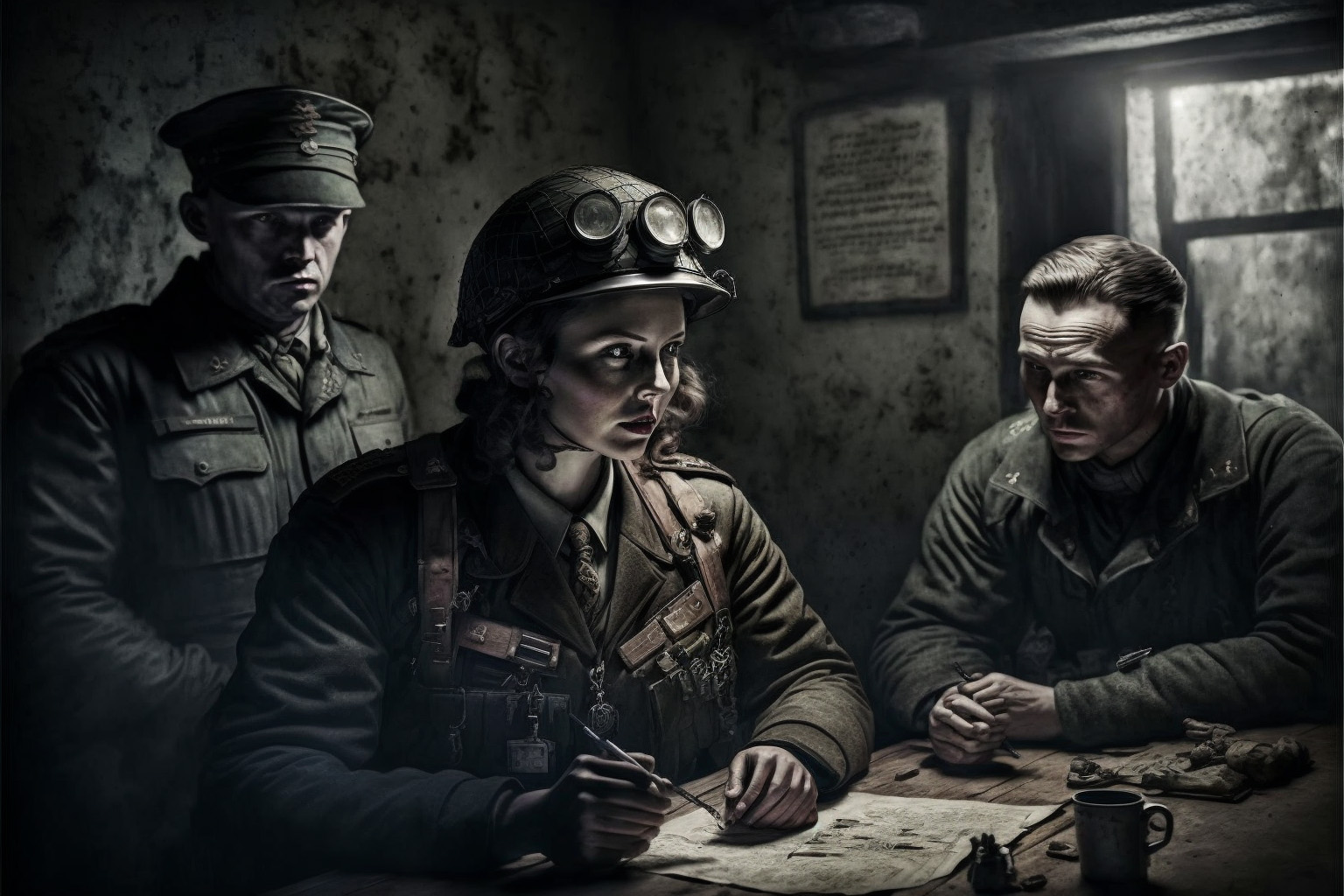 Three young soldiers are searching for a clue in a basement. They are on a secret mission for Agent Askeladden, a serious game experience at Fredrikstad Museum in Norway.