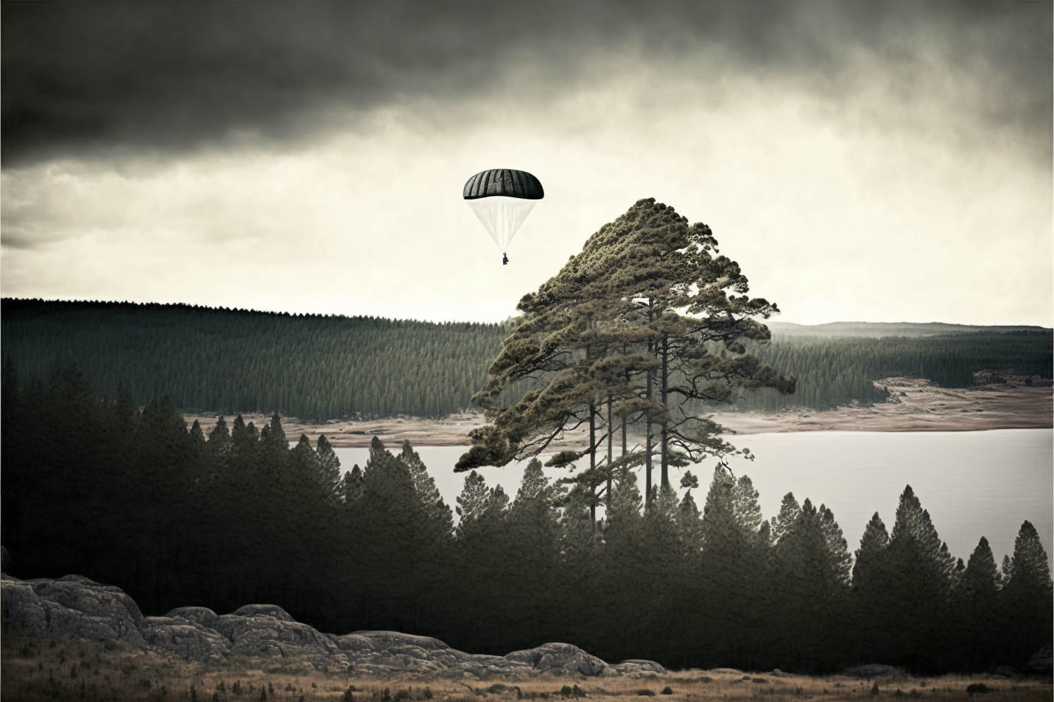 A parashoot drop in the deep forests of Norway.