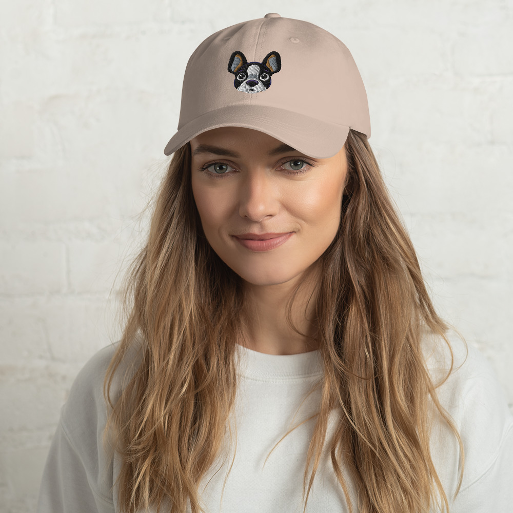 Pet-friendly Retro Canine Boston Terrier Cap. Perfect for dog lovers. Smiling woman wears the cap with casual clothing.