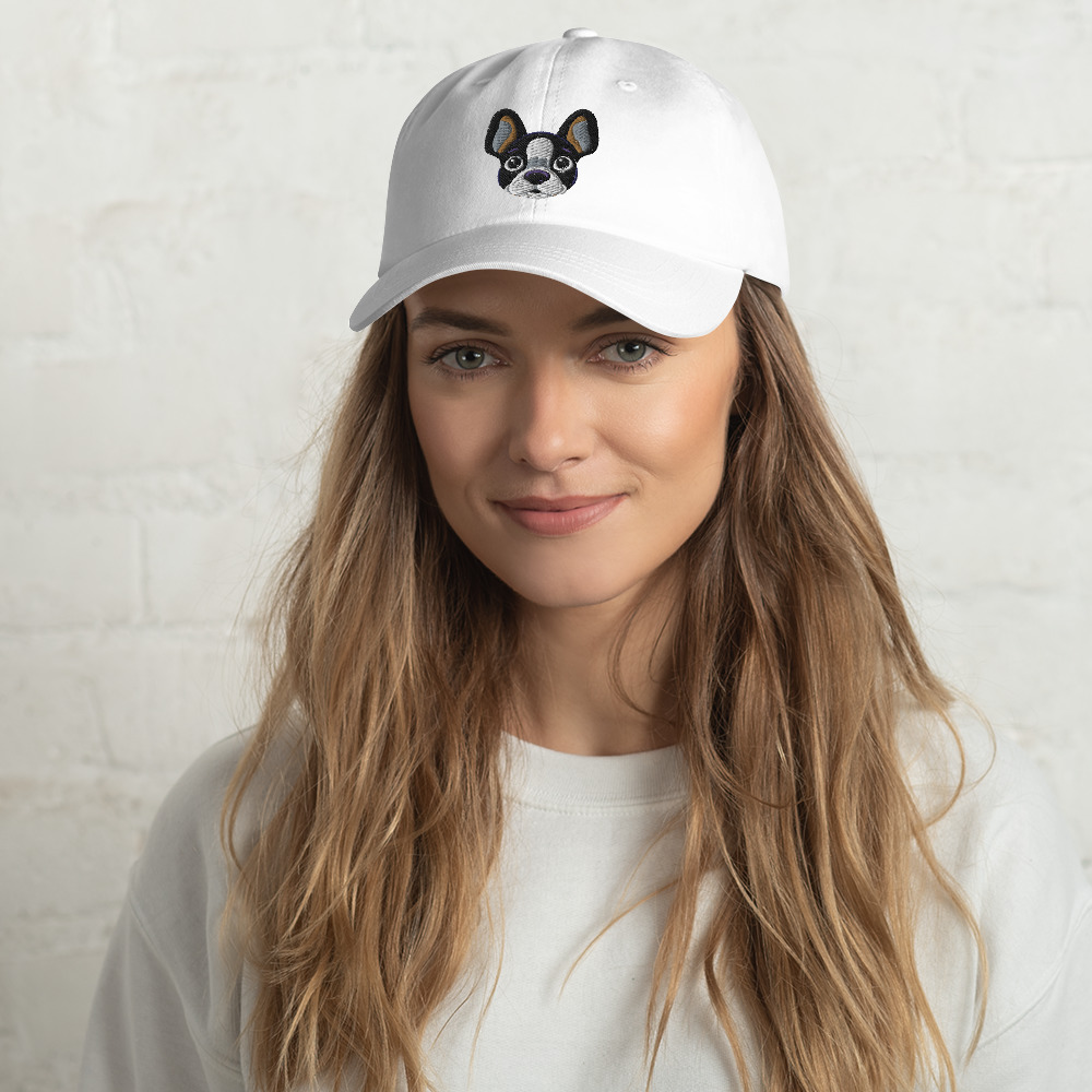 Pet-friendly Retro Canine Boston Terrier Cap. Perfect for dog lovers. Smiling woman wears the cap with casual clothing.