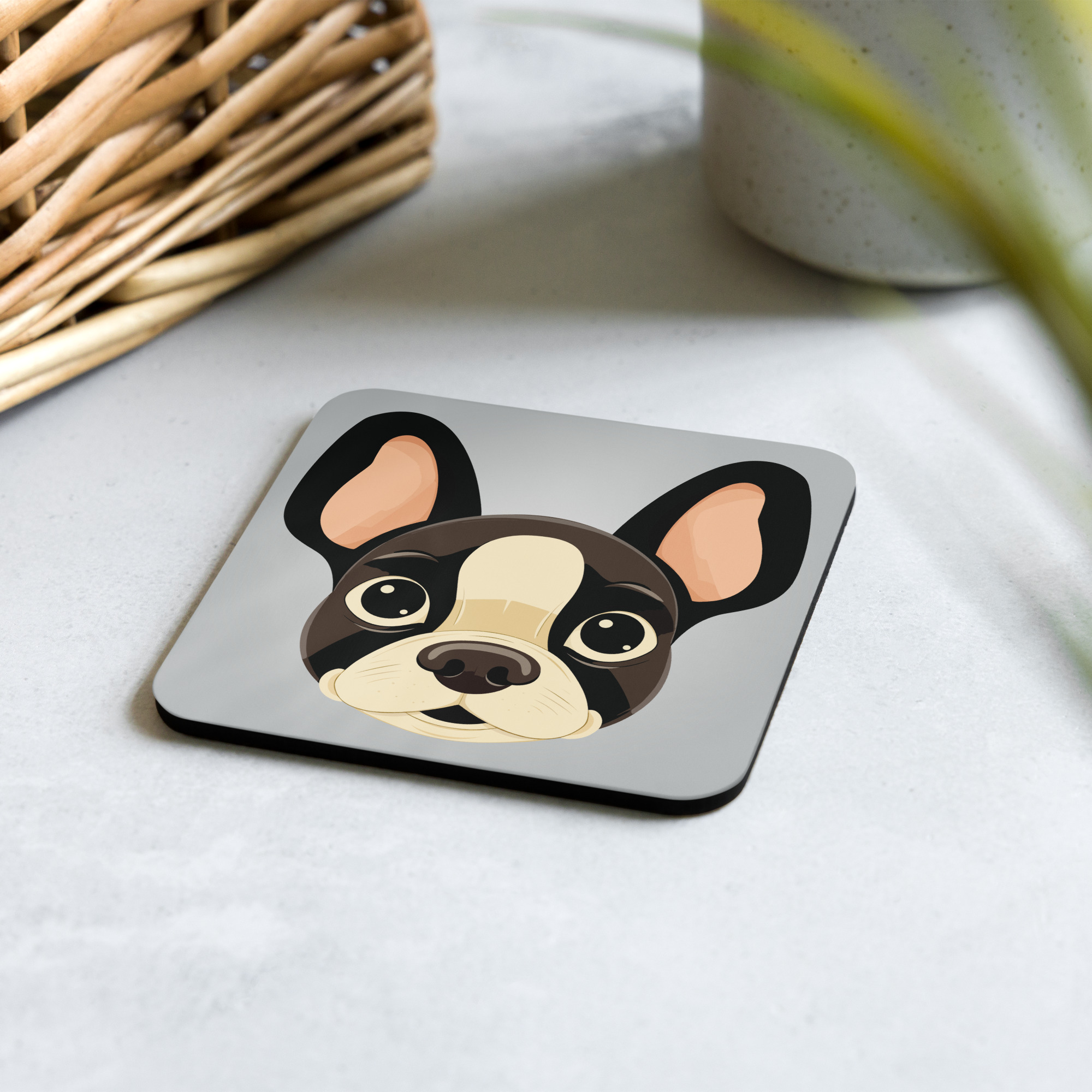 Gray Retro Boston Terrier Cork-back Coaster on White Surface with Food