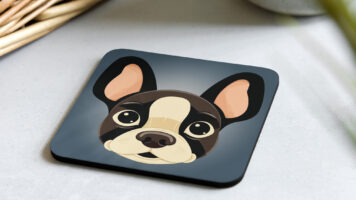 Blue-Gray Retro Boston Terrier Cork-back Coaster On Wooden Table With Food