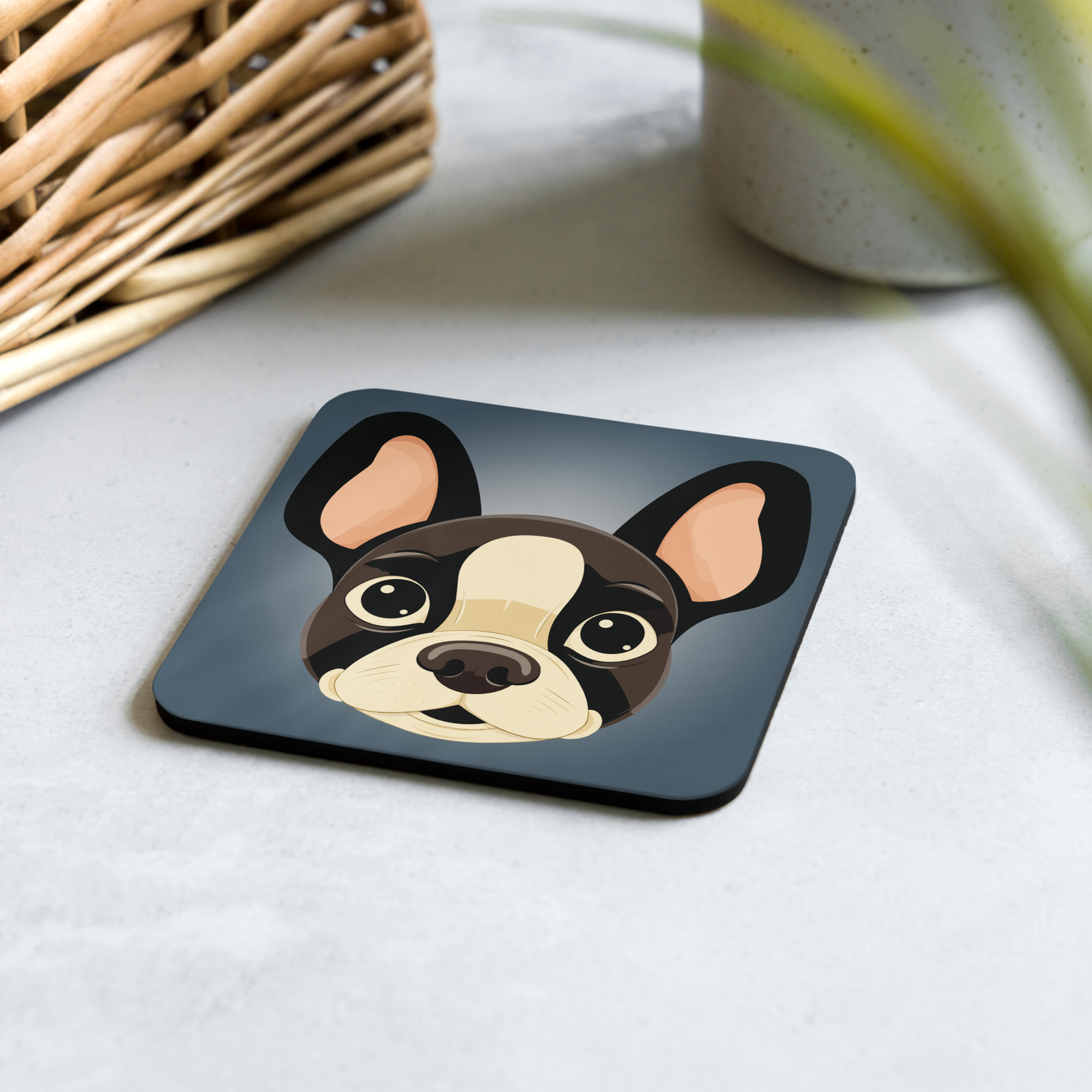 Blue-Gray Retro Boston Terrier Cork-back Coaster on Wooden Table with Food