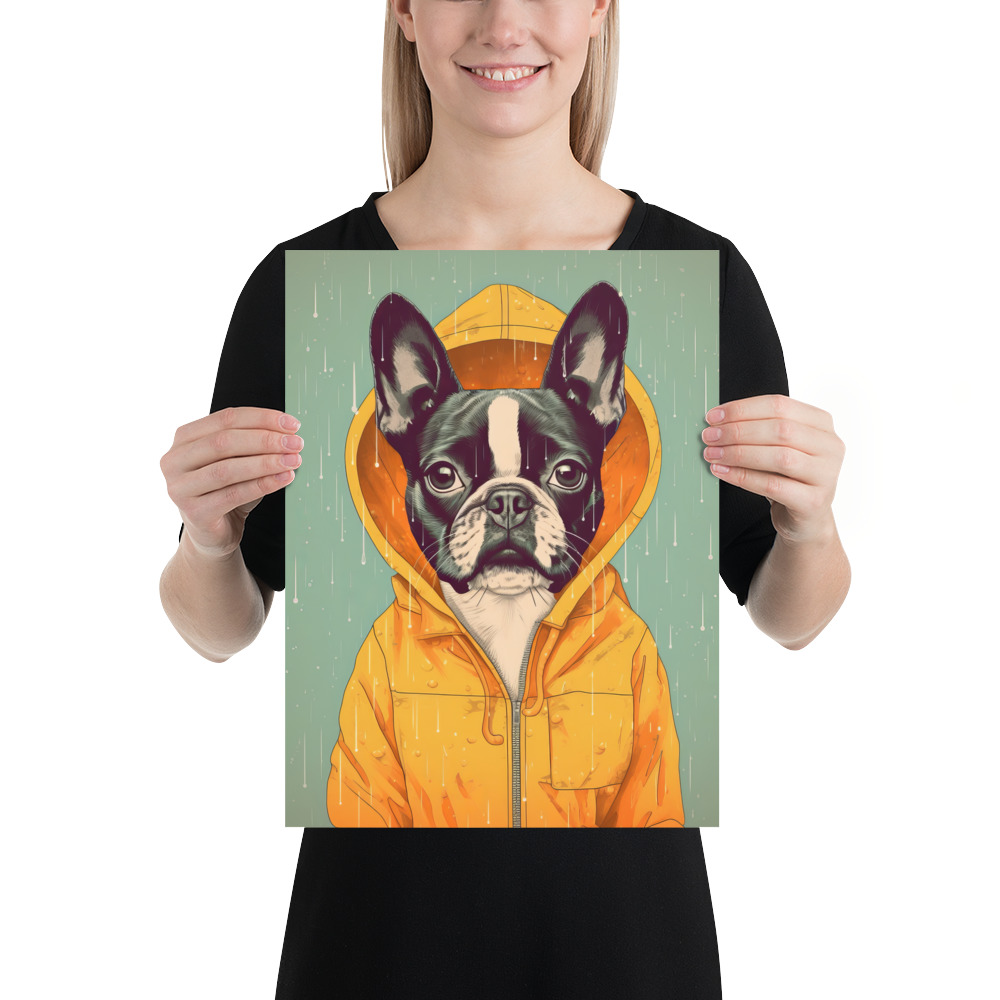 A cute Boston Terrier donning a vivid yellow raincoat. 12x16 inches
