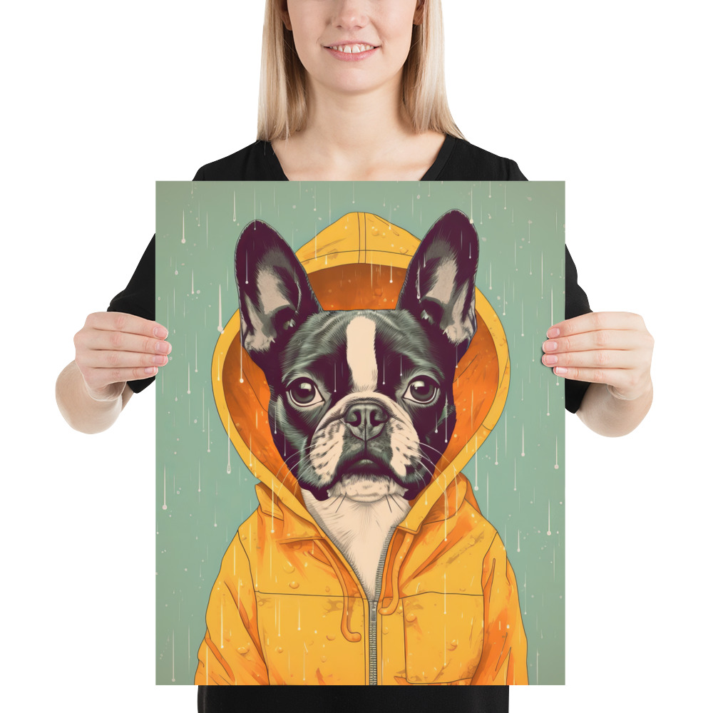A cute Boston Terrier donning a vivid yellow raincoat. 16x20 inches