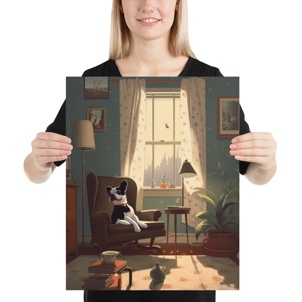 A woman holding a Image featuring a detailed character illustration of a Boston Terrier lounging on a white chair by an open window, this poster captures a cinematic atmosphere with its illustrated style.