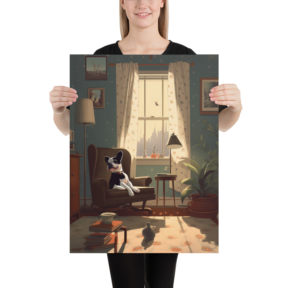 A woman holding a Image featuring a detailed character illustration of a Boston Terrier lounging on a white chair by an open window, this poster captures a cinematic atmosphere with its illustrated style.