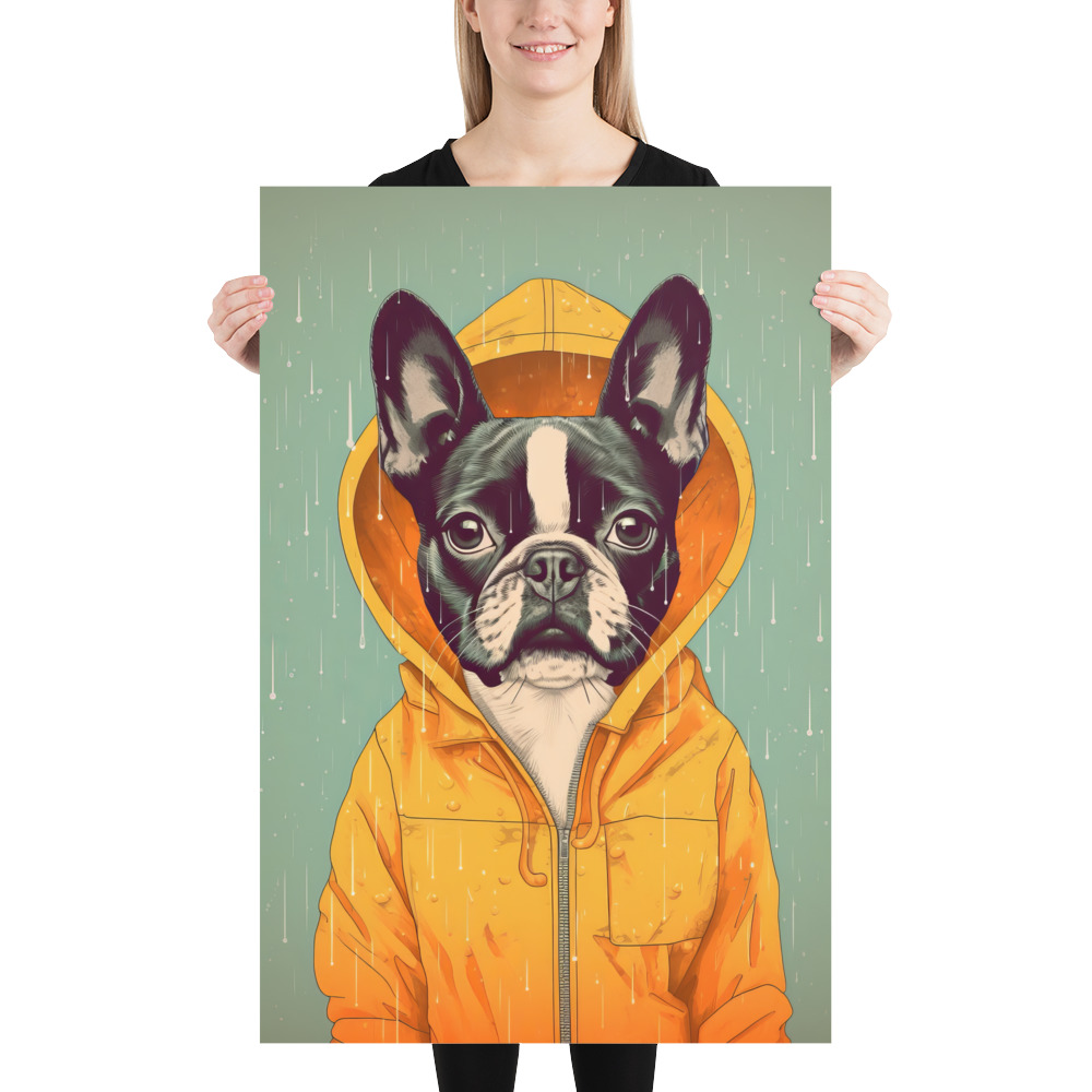 A cute Boston Terrier donning a vivid yellow raincoat. 24x36 inches