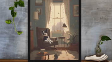 Image Featuring A Detailed Character Illustration Of A Boston Terrier Lounging On A White Chair By An Open Window, This Poster Captures A Cinematic Atmosphere With Its Illustrated Style.