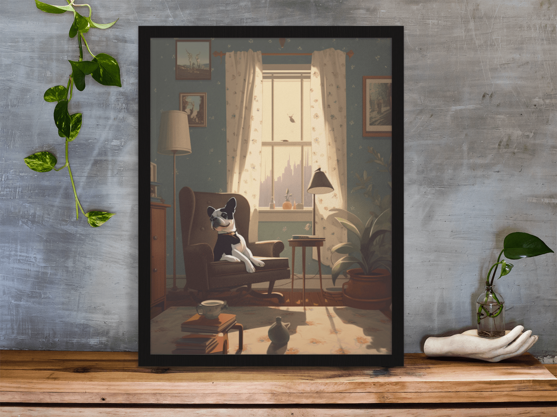 Image featuring a detailed character illustration of a Boston Terrier lounging on a white chair by an open window, this poster captures a cinematic atmosphere with its illustrated style.