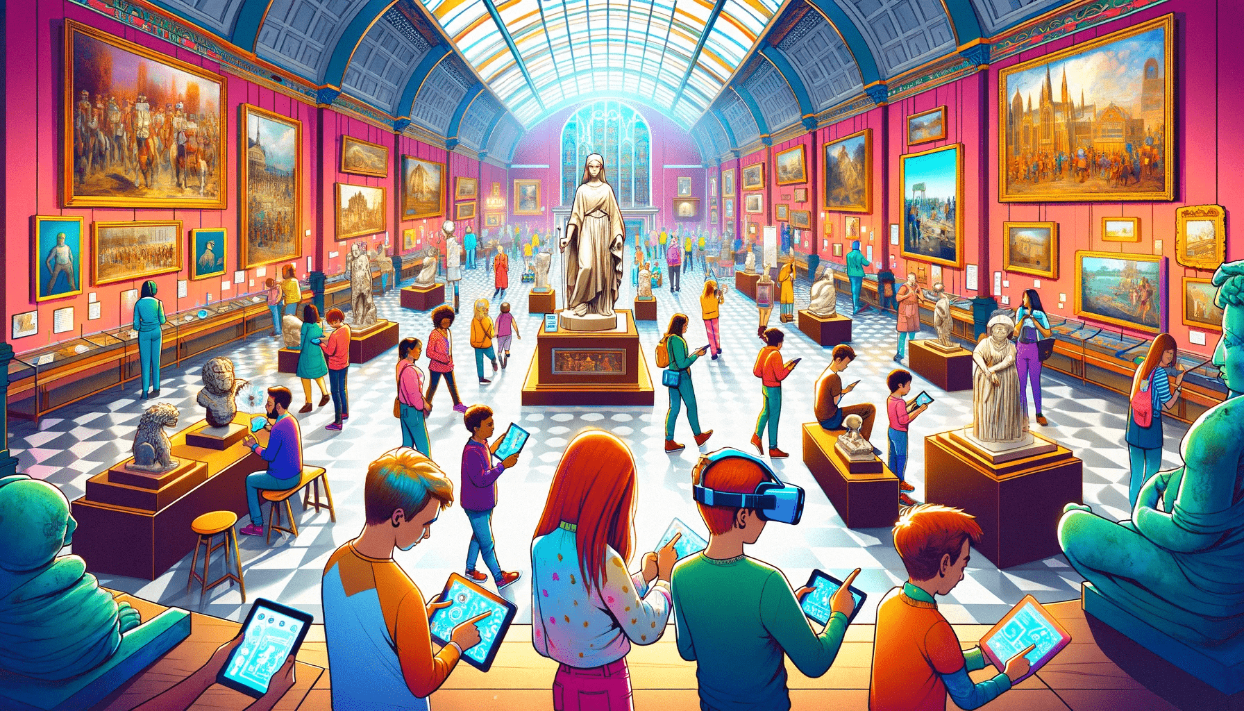 This image vividly depicts a group of diverse visitors in a museum, engaging with interactive, educational games using tablets and virtual reality headsets. The museum is adorned with historical artifacts, and the atmosphere is lively and colorful, capturing the essence of merging technology with education in a museum setting.