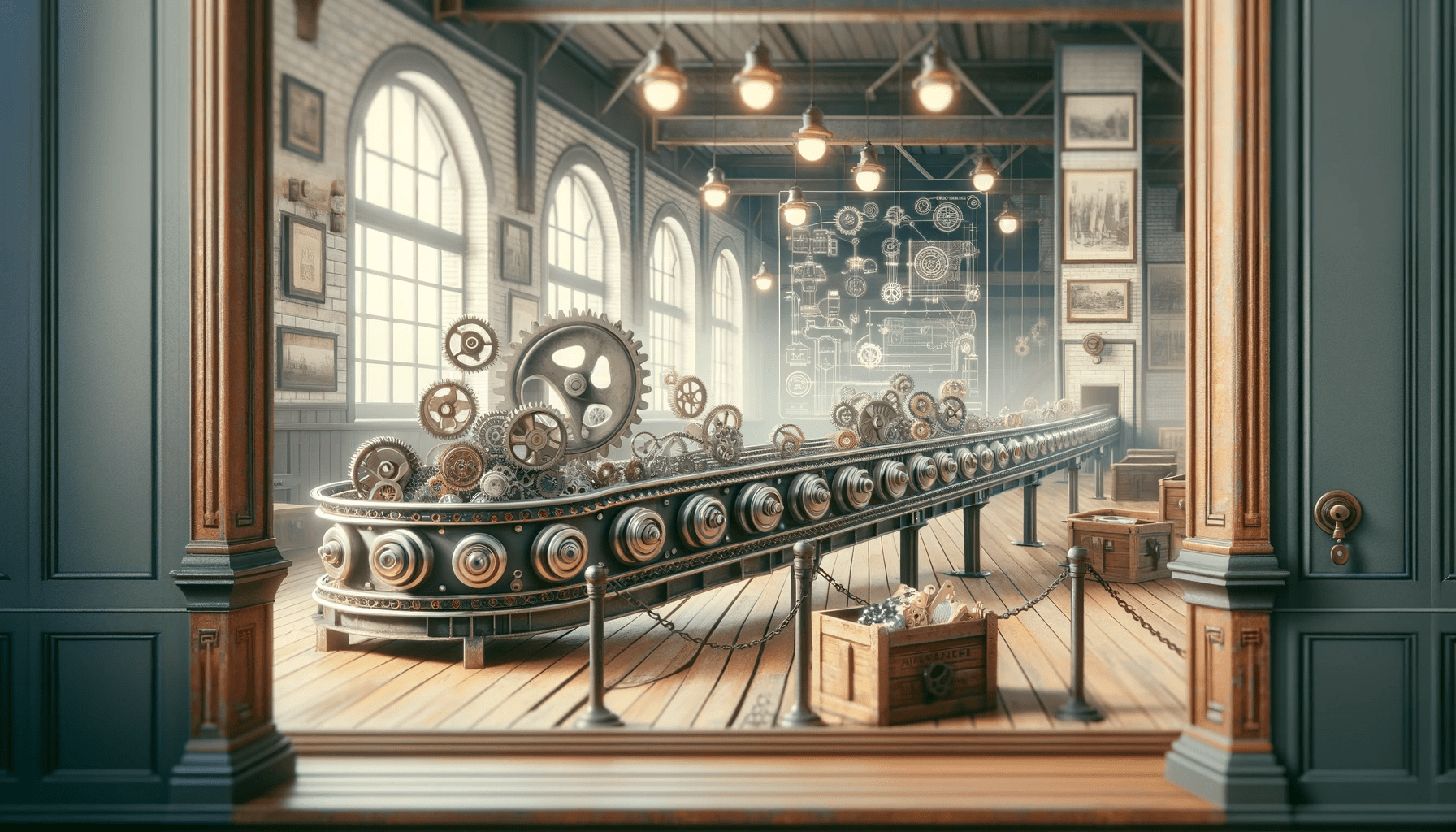 Description: This featured image artistically captures the essence of a bygone industrial era, seamlessly integrated with modern technological elements. At the forefront is a vintage-style conveyor belt adorned with historical artifacts, gears, and mechanical parts, symbolizing the rich tapestry of industrial history. The backdrop features an old museum gallery ambiance, complete with brick walls and classic frames, evoking a sense of historical depth. Subtly interwoven into this traditional setting are symbols like gears and mechanical diagrams, hinting at the integration of contemporary technology into the exhibit.