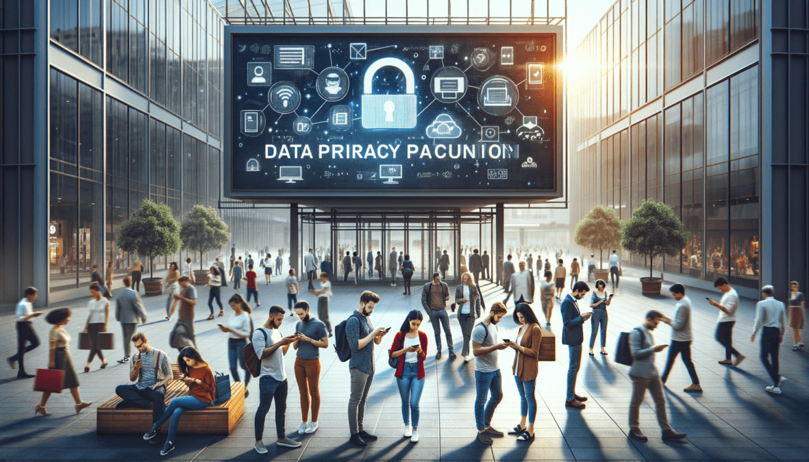 A diverse group of people in a public square, each engaged with digital devices. A billboard above them highlights messages about data privacy and protection, representing public awareness and education on digital surveillance issues.