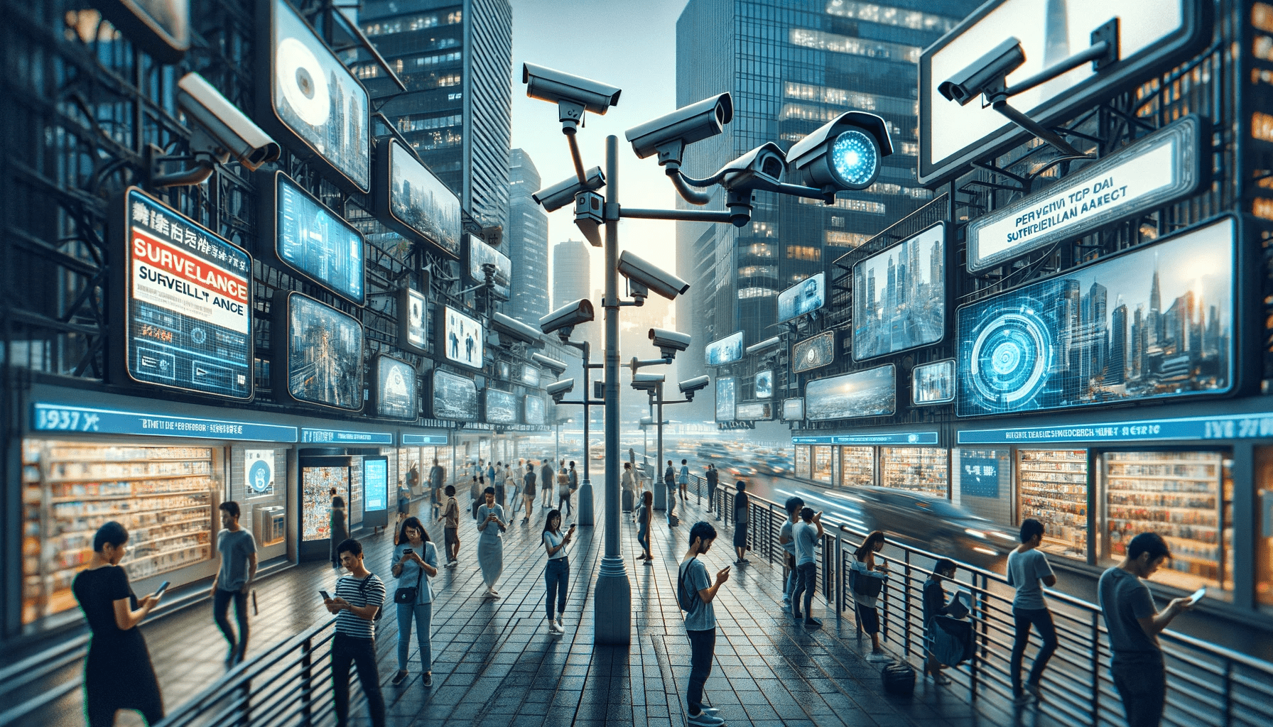 A modern cityscape with numerous CCTV cameras and digital screens displaying ads and surveillance notices, symbolizing pervasive digital surveillance