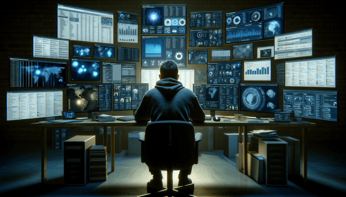 An individual sitting in a room surrounded by multiple computer screens, each displaying various data analytics, social media platforms, and surveilla