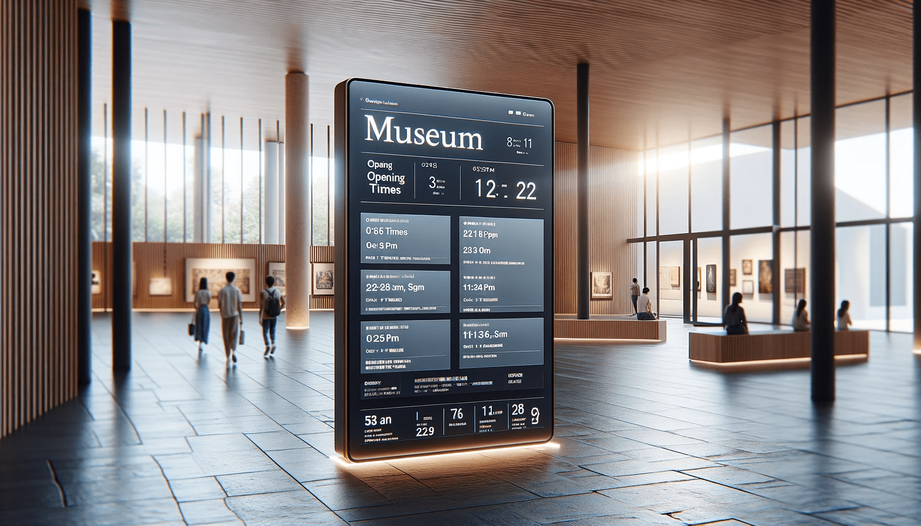 A modern digital display in a museum, presenting opening times and event schedules, with visitors visible in the background, highlighting accessible information in a public setting.