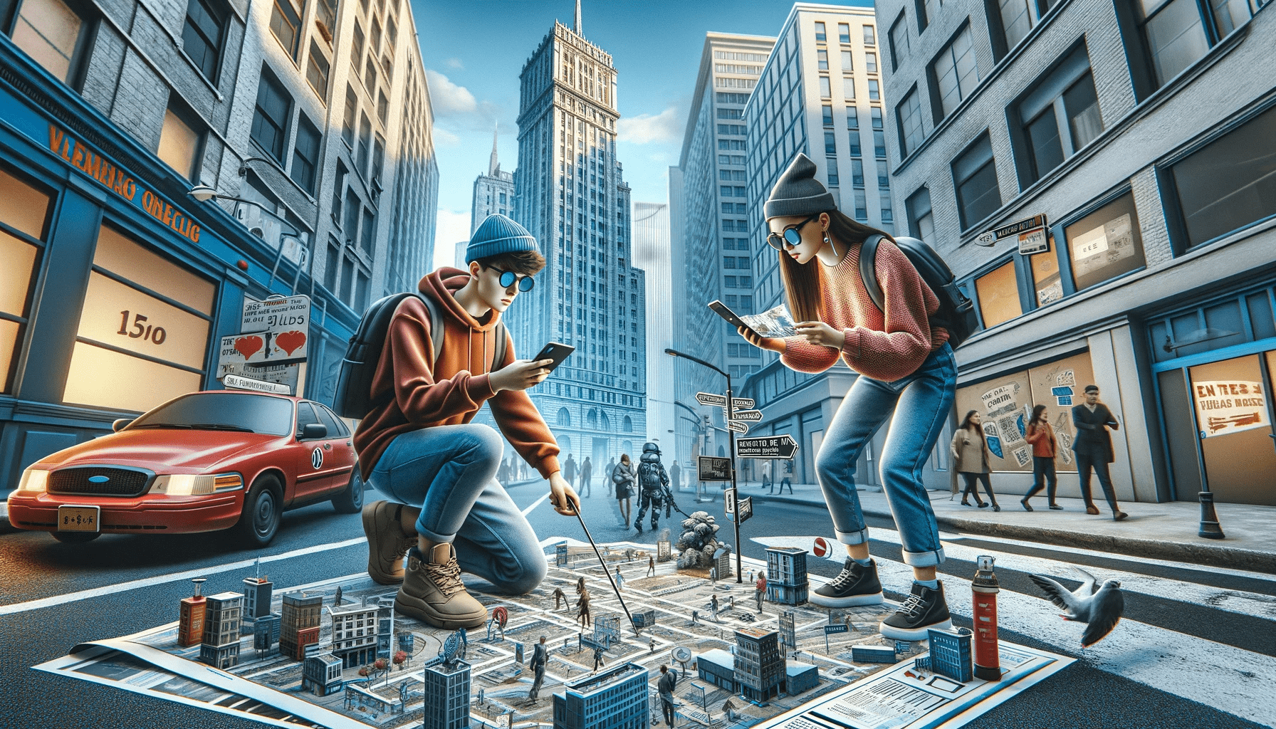 illustration of two Gen Z individuals playing a physical Alternate Reality Game in a city setting