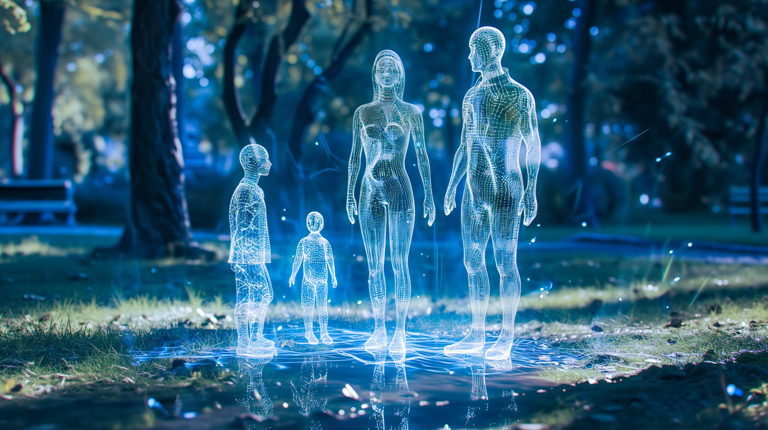 In "Fragments of a Rose," a holographic family—two adults and two children—shine in golden light, standing in a park, as AI projections of past human life.