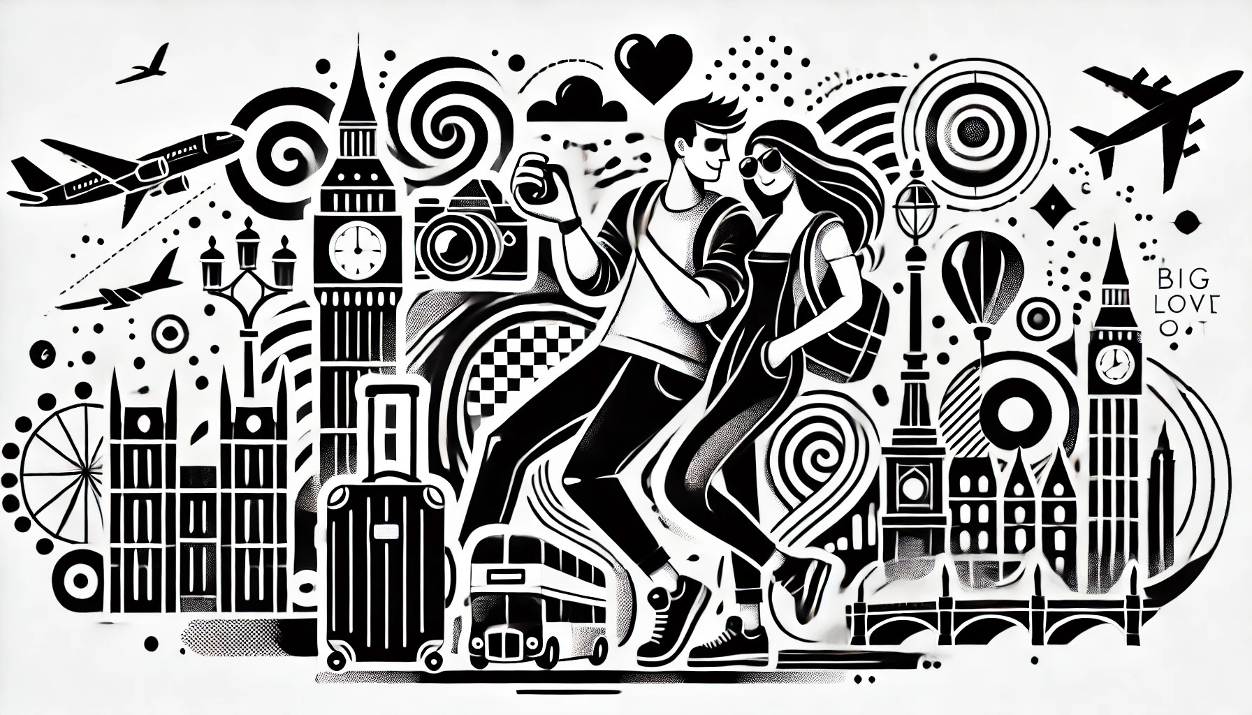 An abstract black and white vector illustration of a couple traveling. The illustration features elements such as a camera, suitcase, landmarks like Big Ben, and a heart symbolizing love. The couple is depicted in an abstract style, with the photographer holding a camera and taking a picture while the partner looks at a map or points to a location. The overall design is clean and minimalistic, balancing travel and photography elements.
