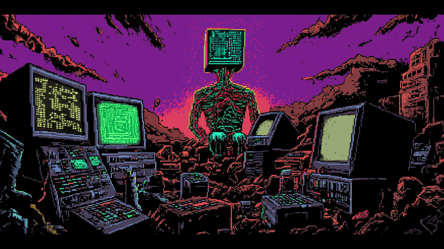 A dystopian pixel-art scene featuring a humanoid AI, the 'GPT Roastmaster,' with a computer monitor for a head.