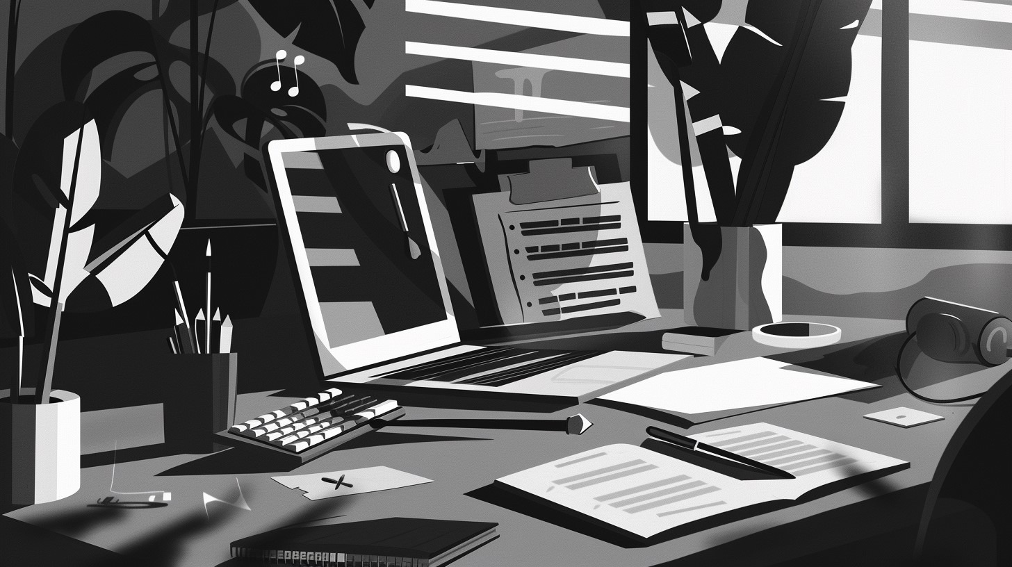 A black and white vector scene of an artist's workspace with symbolic tools like a paintbrush, musical notes, and a laptop showing text. The environment is clean, with a focus on minimalism and geometric shapes. Light shadowing and smooth lines add elegance