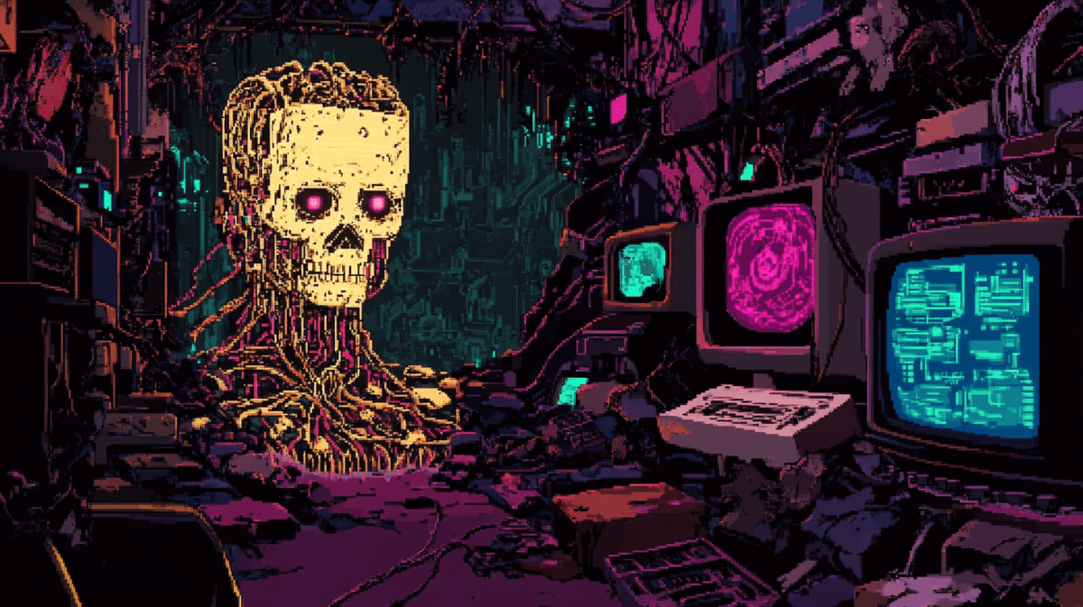 A pixel-art sci-fi scene featuring the 'GPT Roastmaster,' a decayed skeletal AI overlord.